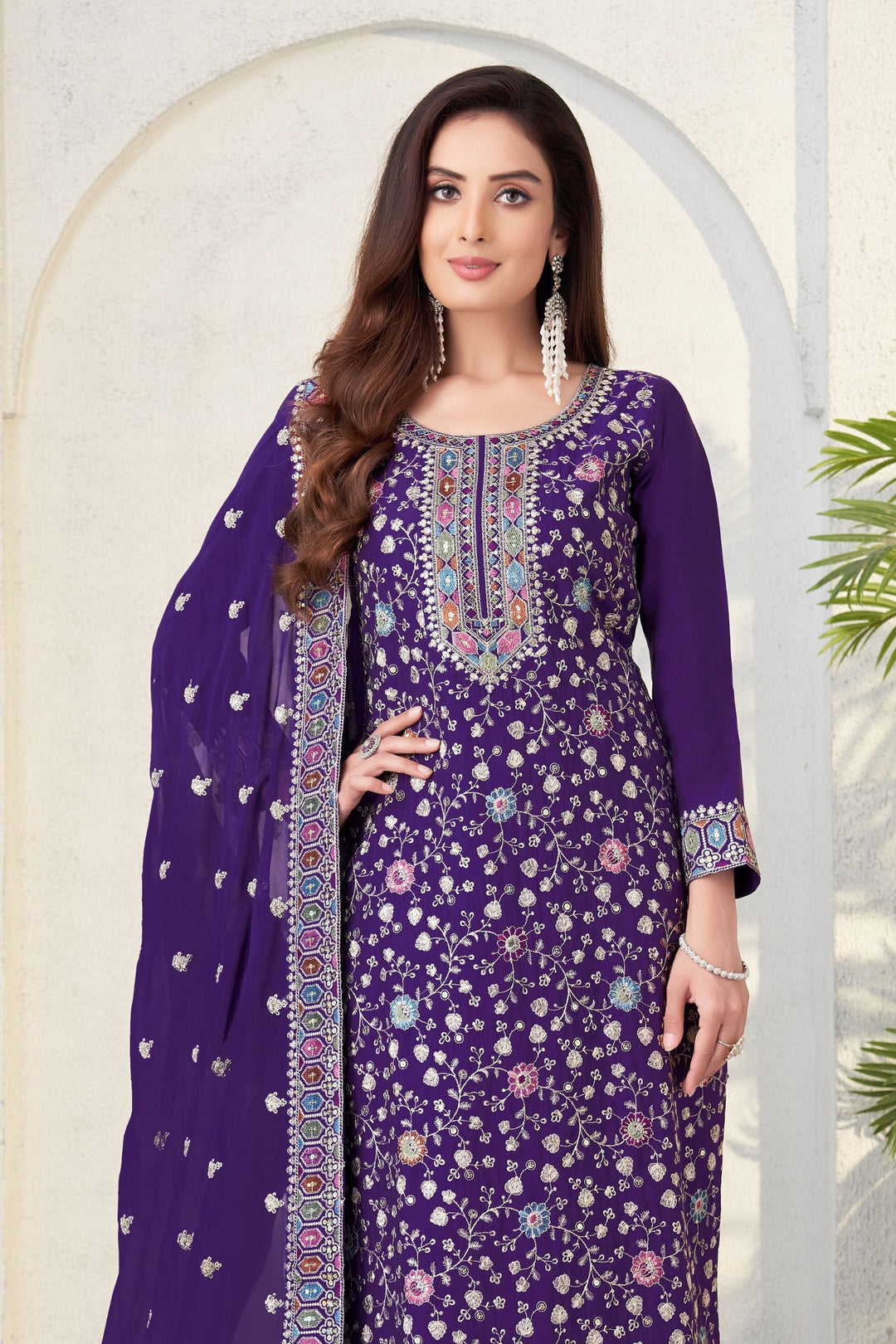 Purple Multicolor Thread, Zari and Sequins work Straight Cut Salwar Suit