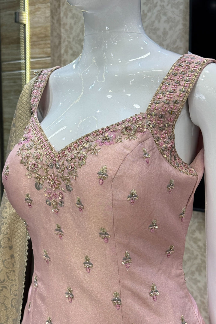Baby Pink with Grey Mirror, Sequins, Beads, Zari, Stone and Banaras work Palazzo Salwar Suit