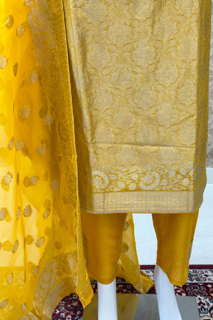 Yellow Beads, Mirror, Stone, Banaras and Brocade work Straight Cut Salwar Suit