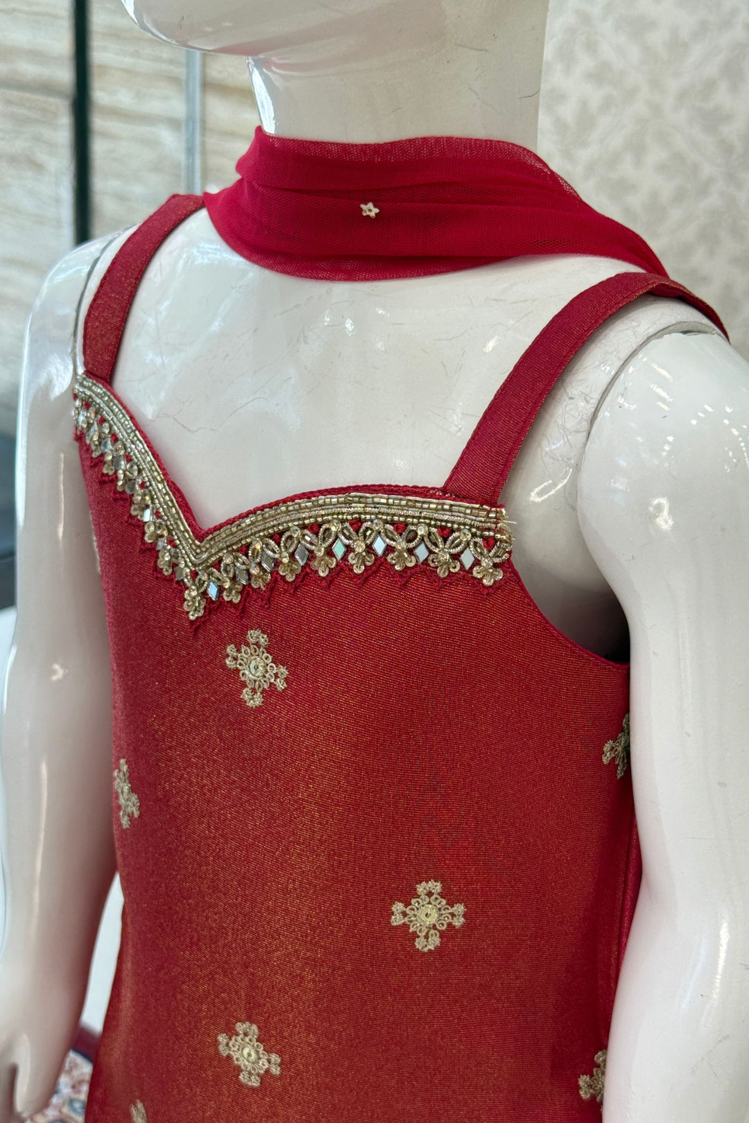 Pinkish Red Sequins, Zari, Beads and Mirror work Palazzo Suit Set for Girls