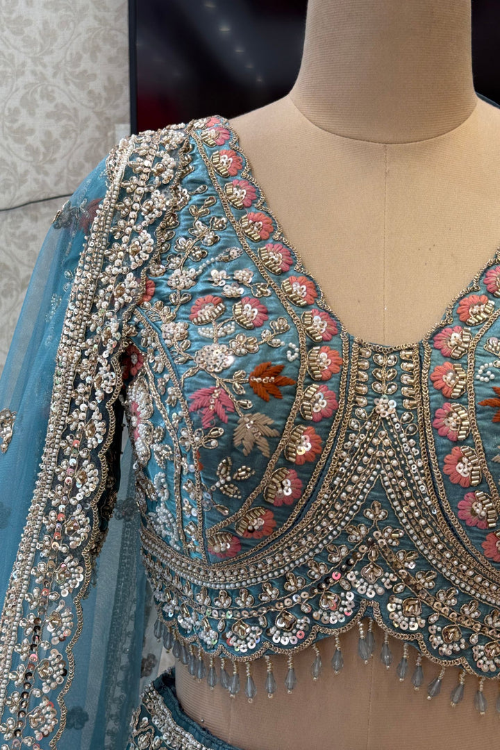 Bridal Organza Lehenga with Hand-Embroidered Birds and Floral Forest Motifs