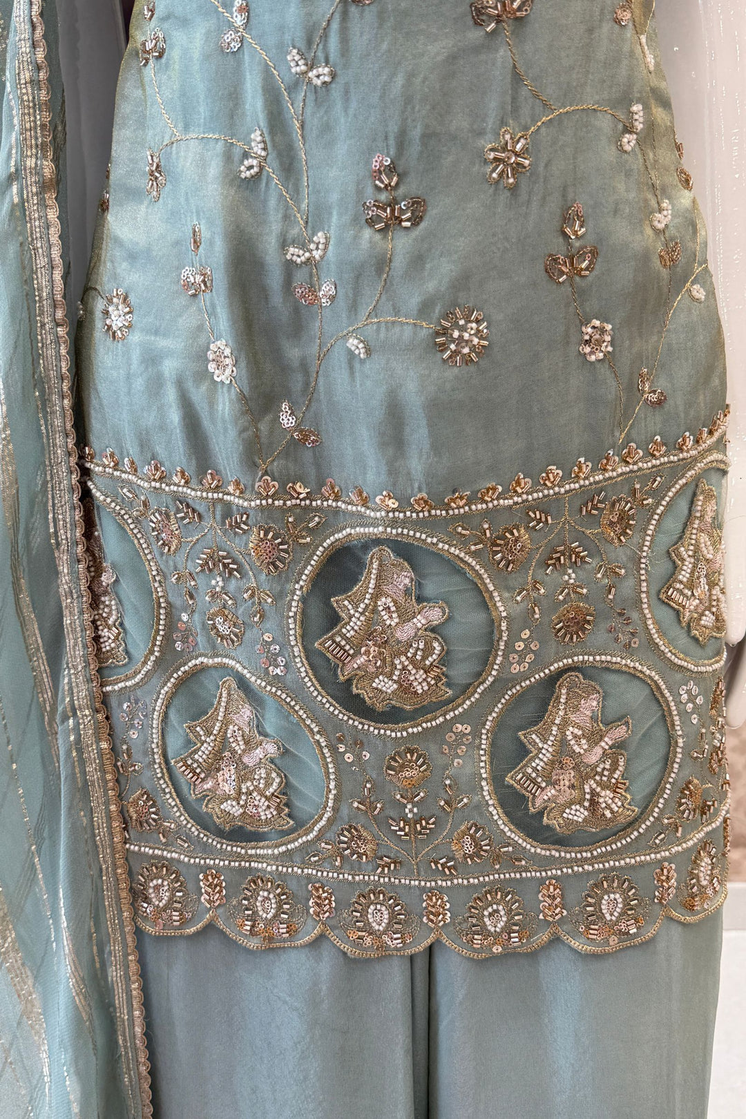 Sea Green Zari, Sequins and Beads work Palazzo Salwar Suit