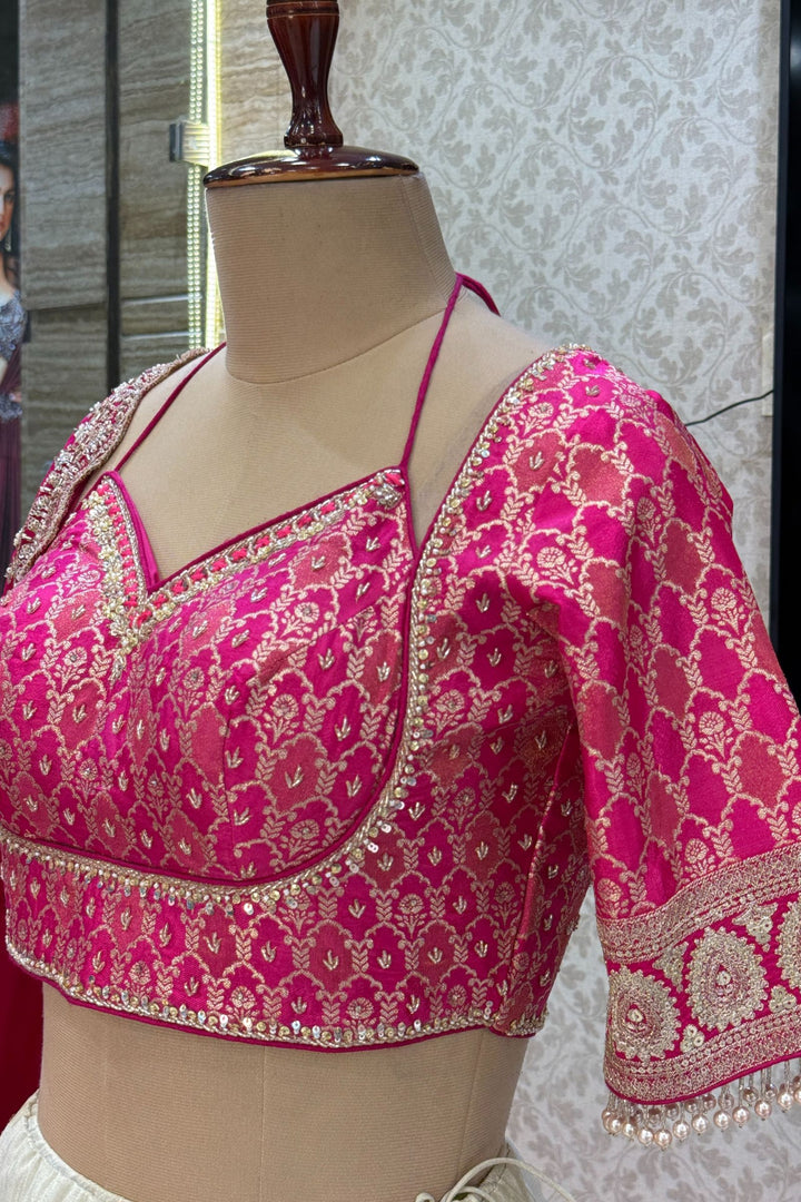 Pink with Cream Beads, Sequins, Stone, Mirror, Zari and Banaras work Crop Top Lehenga