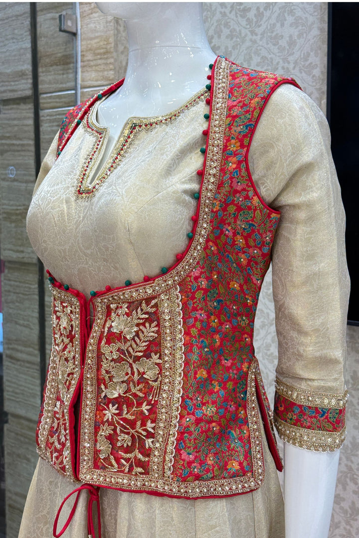 Beige Zardozi and Banaraswork Anarkali Style with jacket Salwar Suit with Palazzo Pant