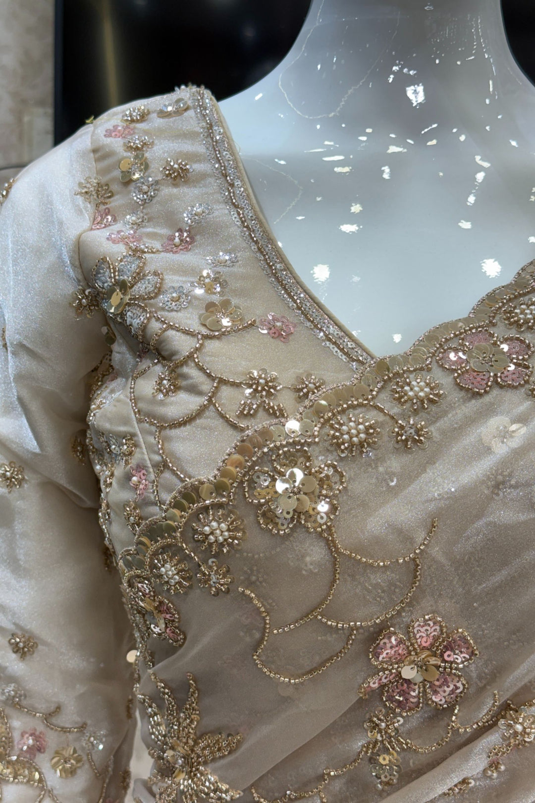 Light Beige Sequins, Beads, Zari and Pearls work Saree