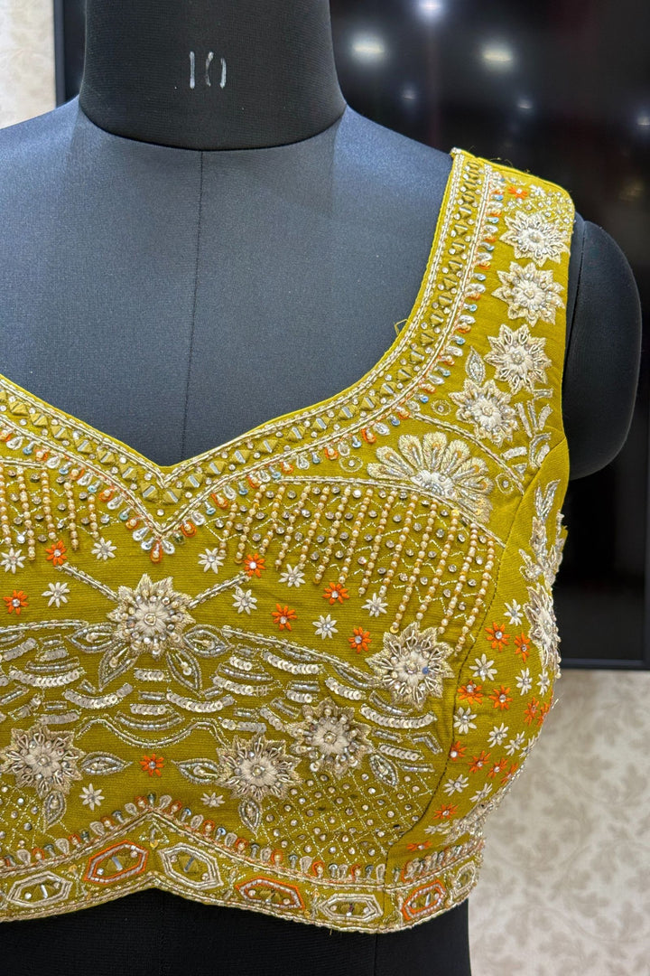 Liril Green Stone, Zardozi, Sequins and Mirror work with Bandini Print Crop Top Lehenga