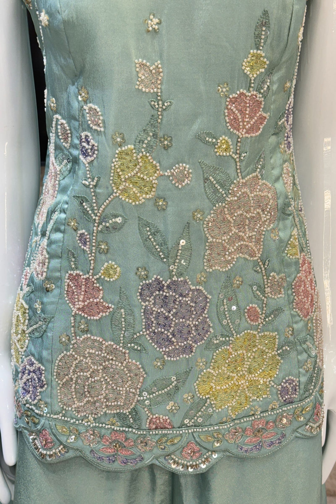 Sea Green Multicolor Thread, Stone, Zardozi, Sequins and Beads work Palazzo Salwar Suit