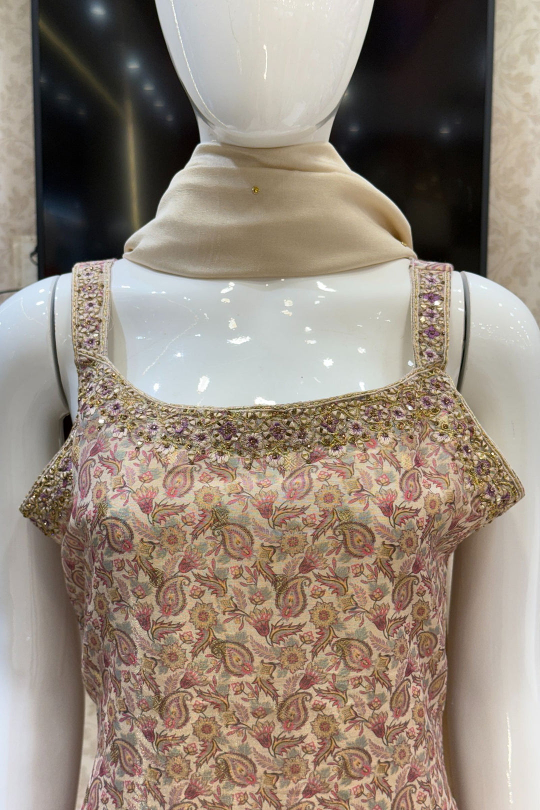 Beige Banaras, Stone and Zari Weaving work with Digital Print Straight Cut Salwar Suit