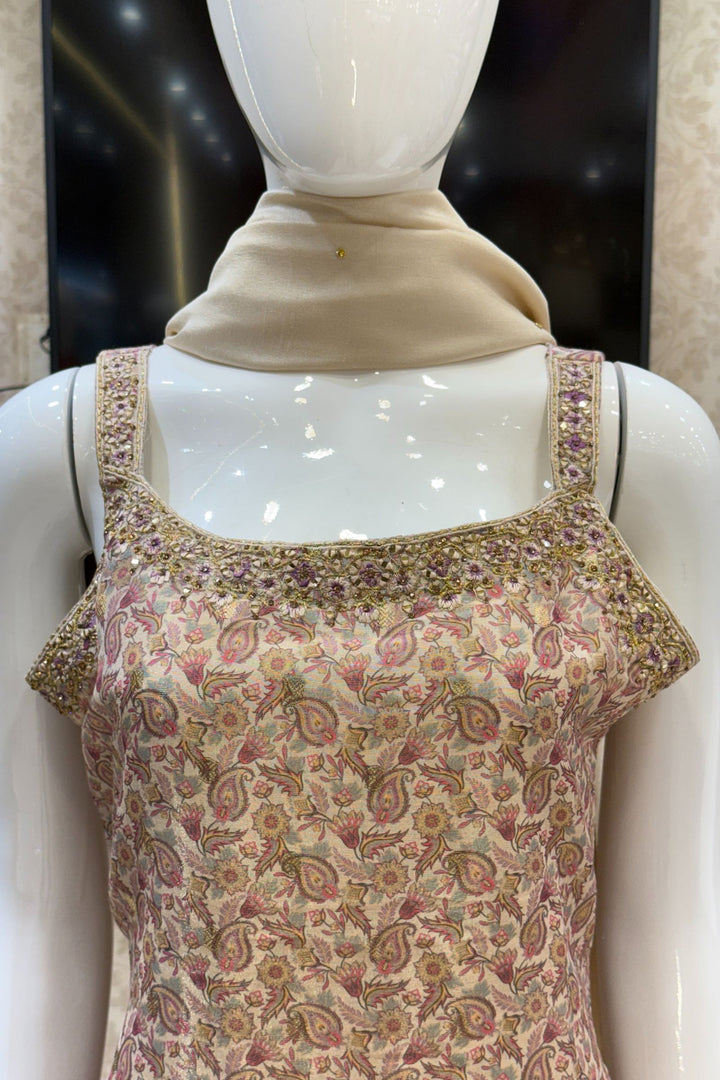 Beige Banaras, Stone and Zari Weaving work with Digital Print Straight Cut Salwar Suit