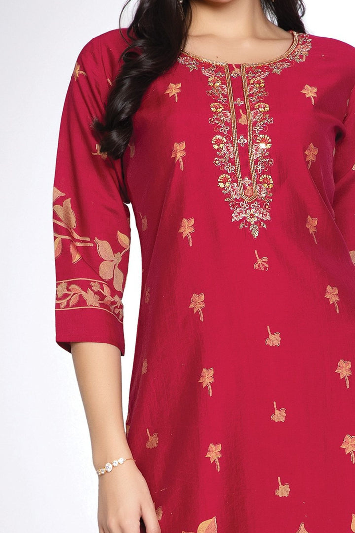 Red Mirror, Sequins and Beads work with Digital Print Calf Length Kurti