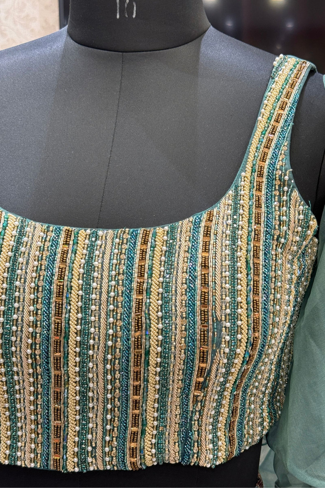 Pastel Green Beads, Zardozi, Sequins, Stone and Zari work with Floral Print Lehenga Set