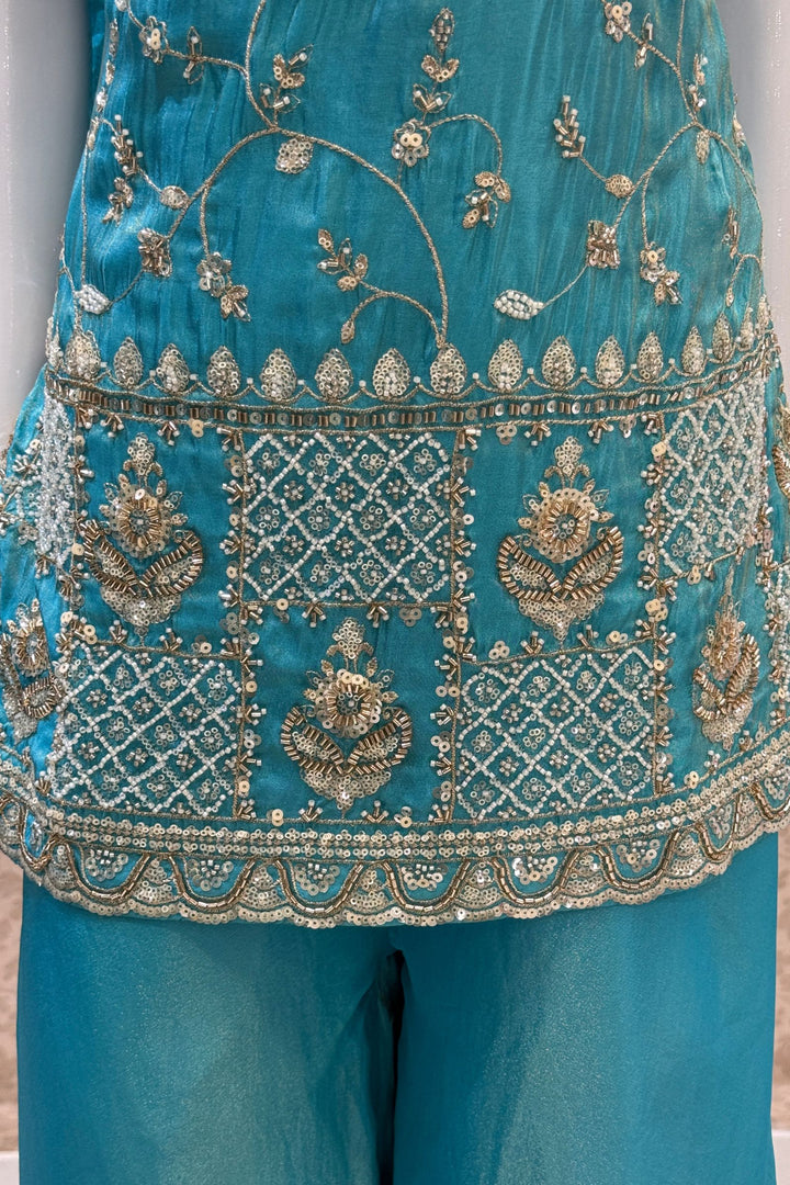 Rama Blue Beads, Zari and Sequins work Top with Flared Palazzo Set