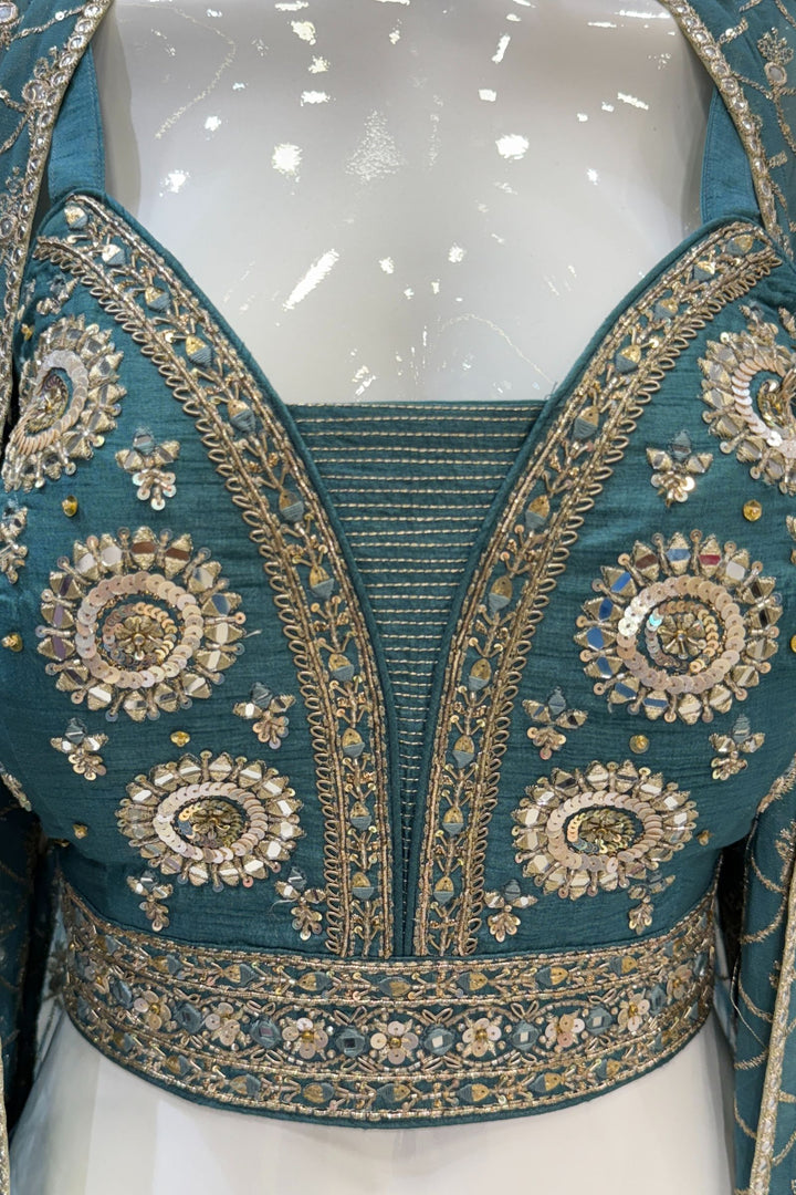 Green Mirror, Zardozi, Sequins and Beads work Overcoat Styled Palazzo Suit Set