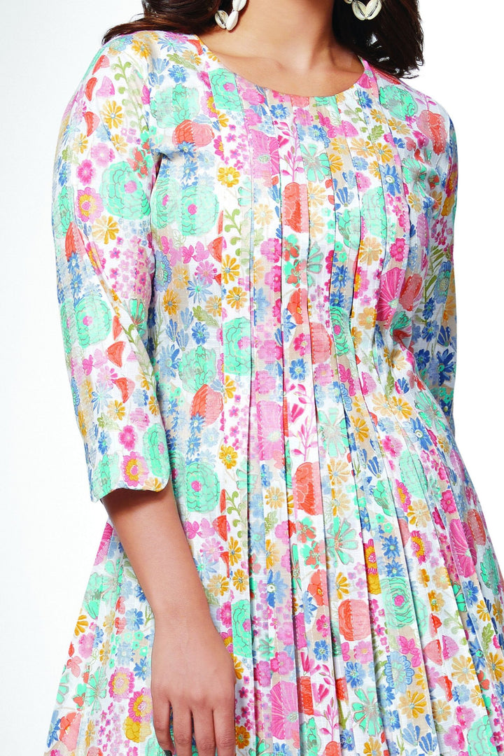 White with Floral Print Aline Cut Calf Length Kurti