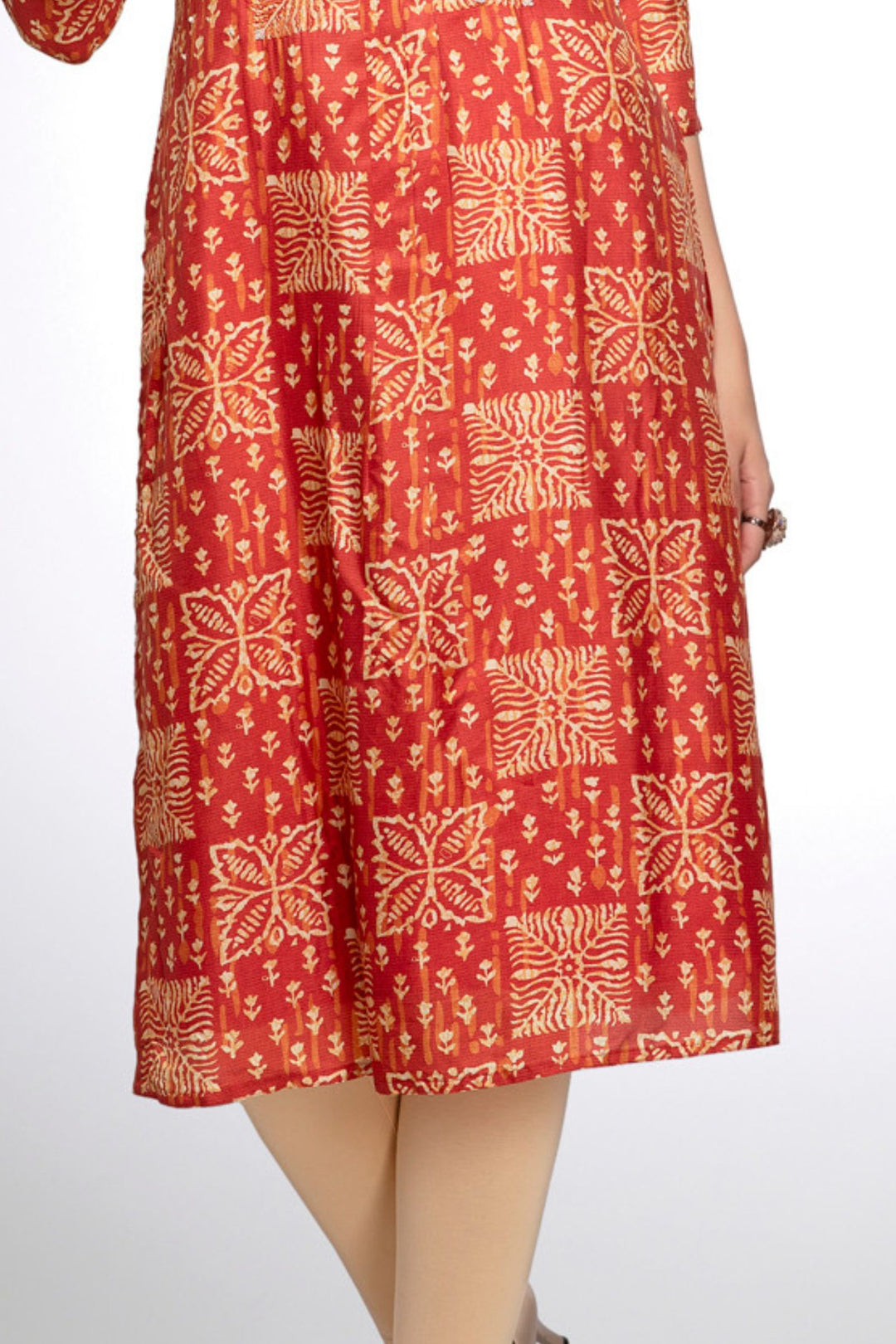 Rust Beads and Sequins work with Digital Print Calf Length Kurti