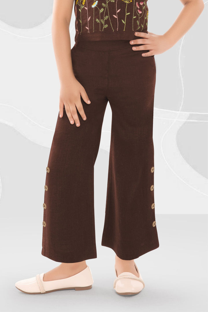 Brown Multicolor Thread work Co-ord Set for Girls