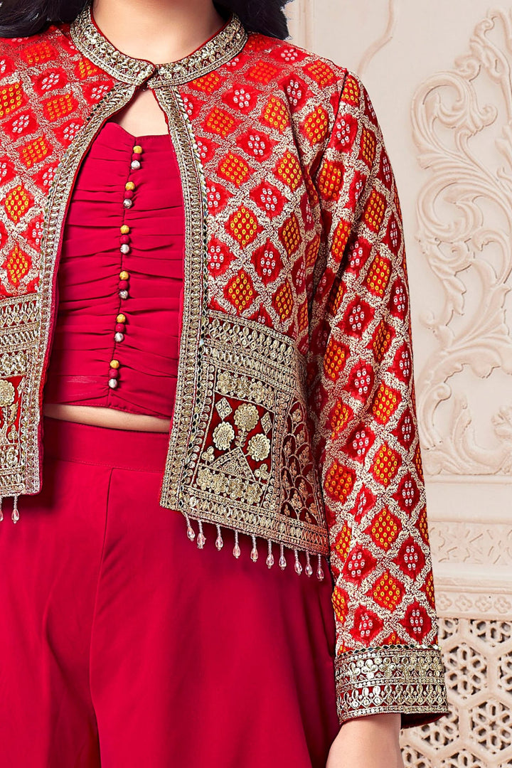 Red Sequins, Zari and Jacquard work with Bandini Print Jacket Styled Palazzo Set for Girls
