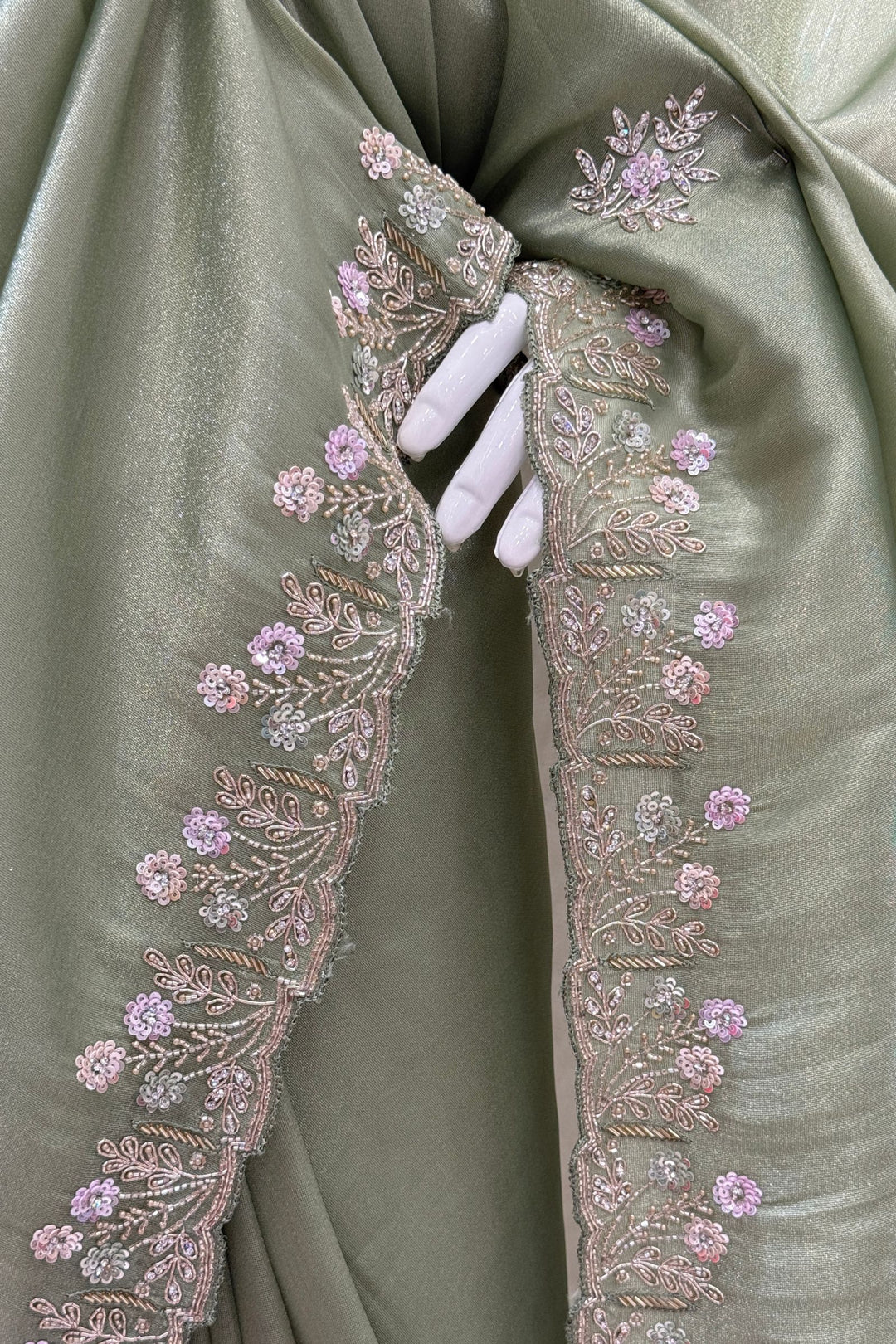 Pista Green Stone, Sequins, Zardozi and Beads work Saree