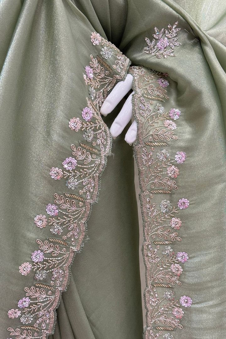Pista Green Stone, Sequins, Zardozi and Beads work Saree