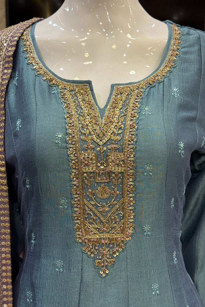 Greenish Blue Beads, Zardozi, Thread, Sequins, Stone and Zari work A-line Cut Salwar Suit
