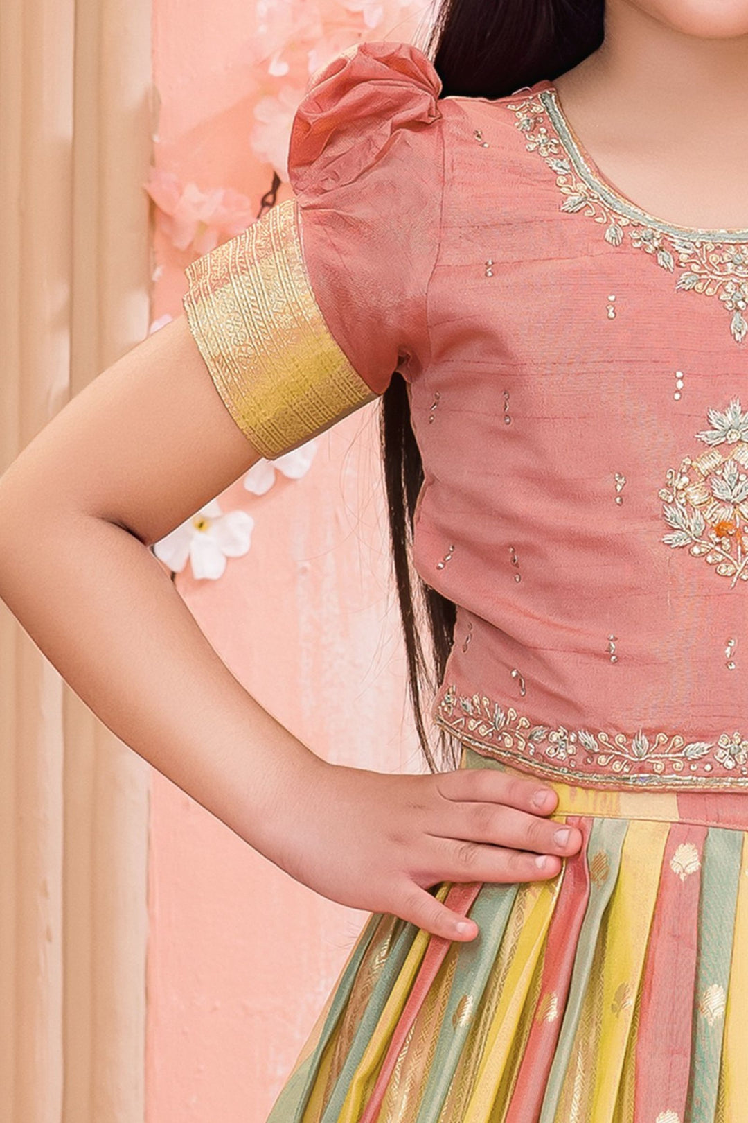Peach Zardozi, Stone and Zari work with Multicolor Lehenga Choli for Girls