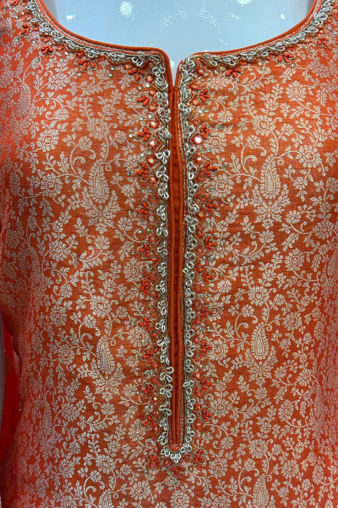 Orange Zardozi, Stone, Thread and Brocade work Straight Cut Salwar Suit