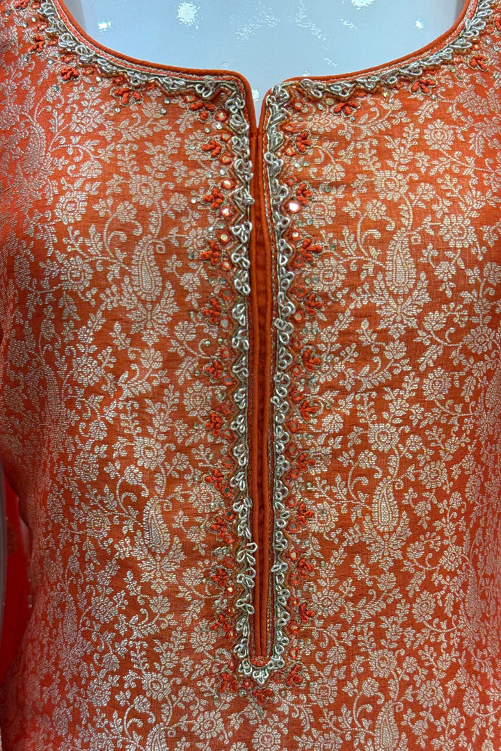 Orange Zardozi, Stone, Thread and Brocade work Straight Cut Salwar Suit