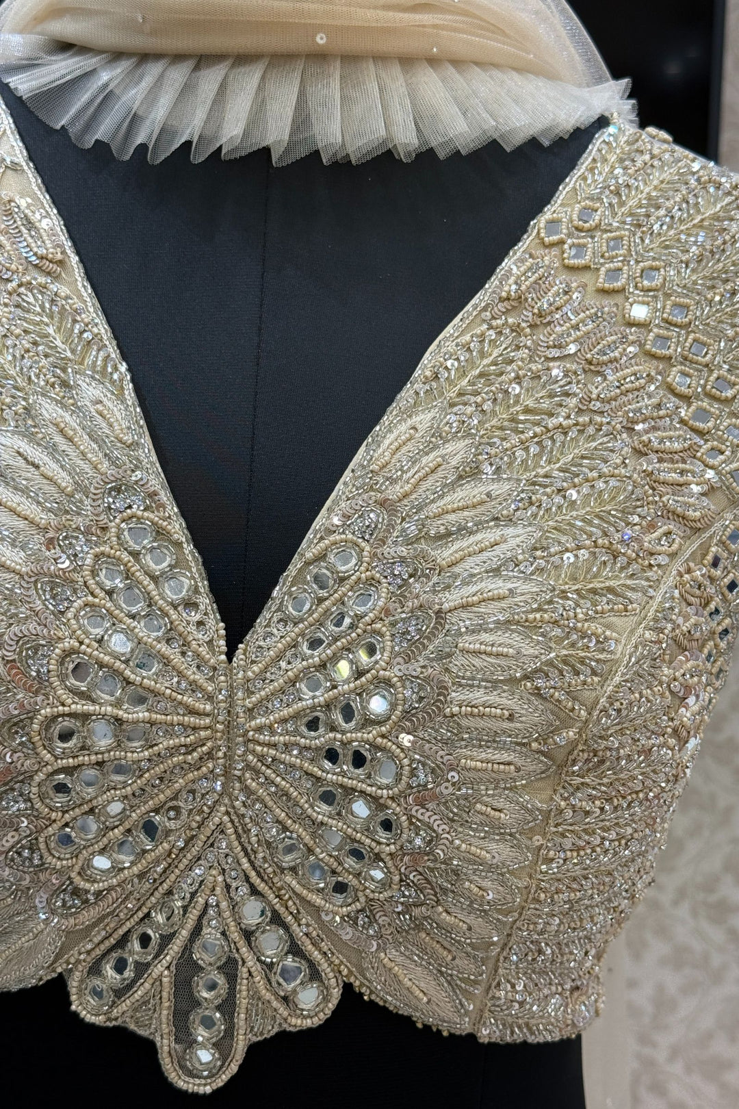 Beige Mirror, Beads, Sequins, Thread and Stone work Crop Top Lehenga