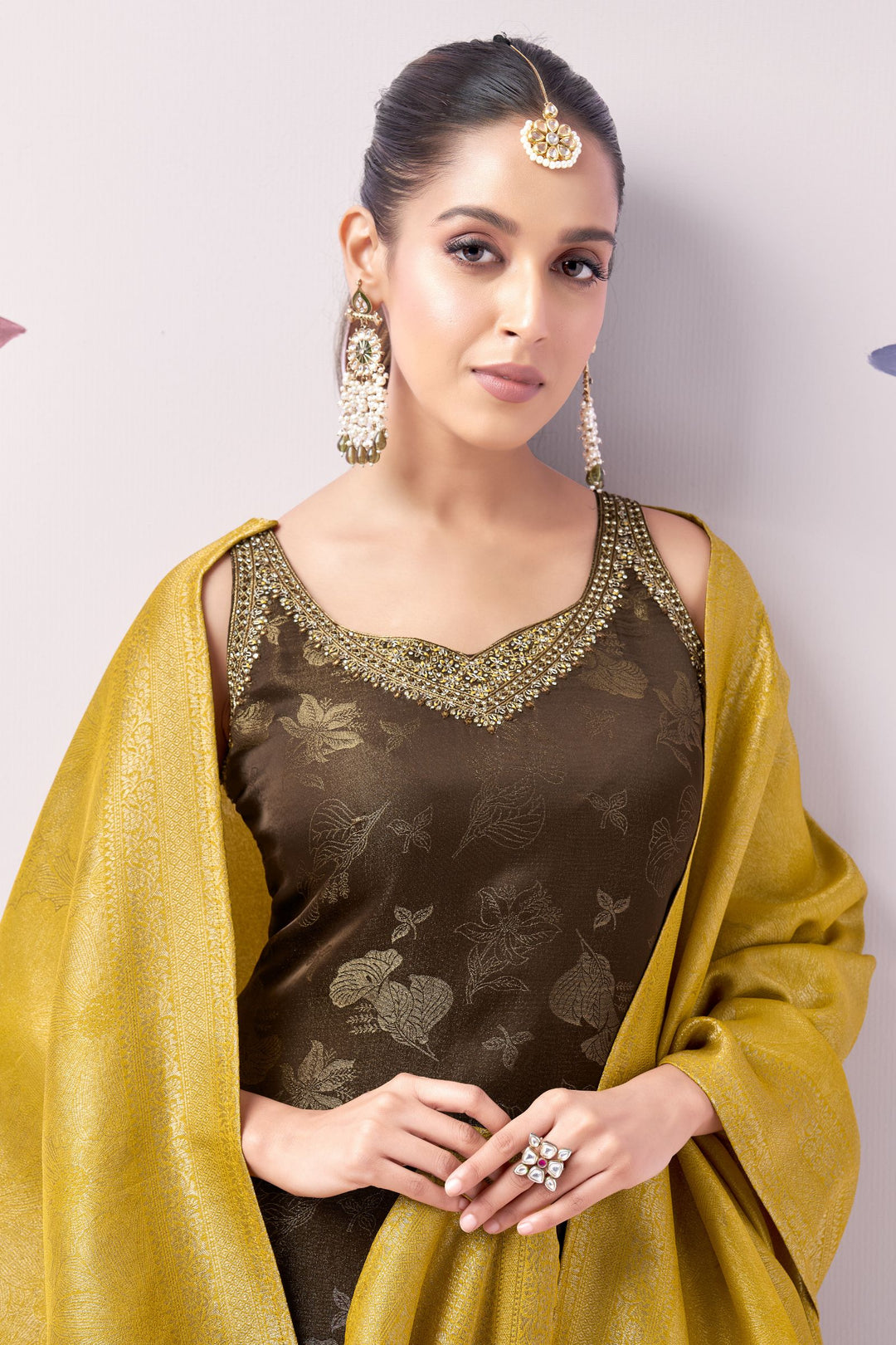 Brown Brocade, Stone, Zardozi, Zari and Mirror work Straight Cut Salwar Suit