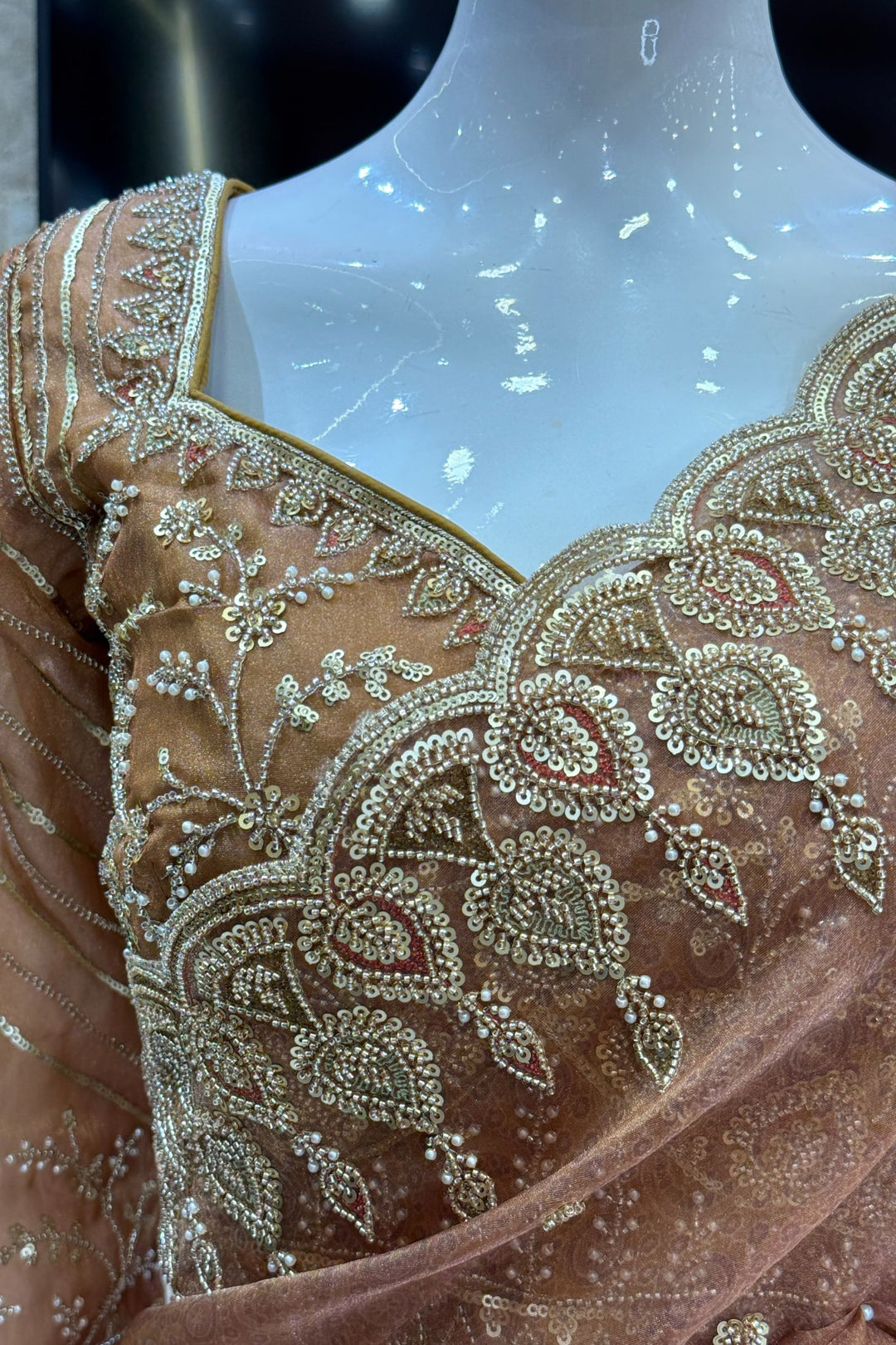 Mustard Pearls, Beads and Multicolor Thread work with Self Print Saree