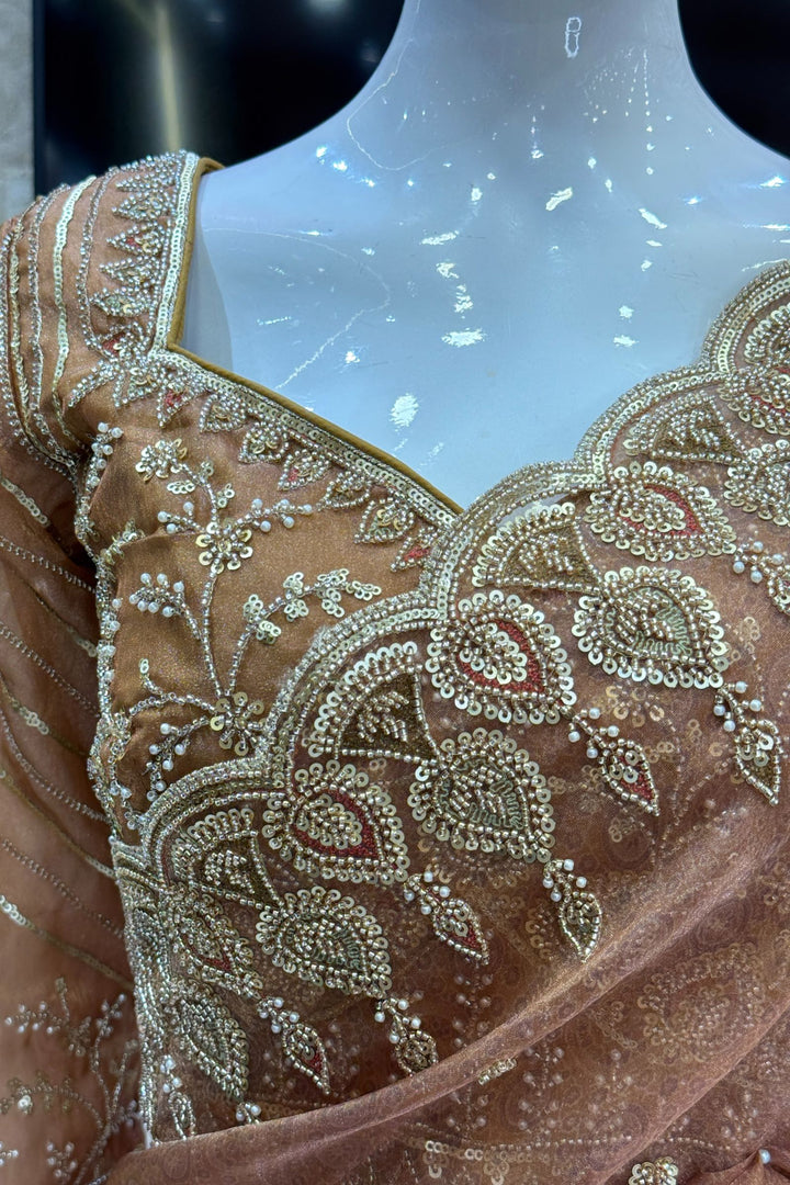 Mustard Pearls, Beads and Multicolor Thread work with Self Print Saree