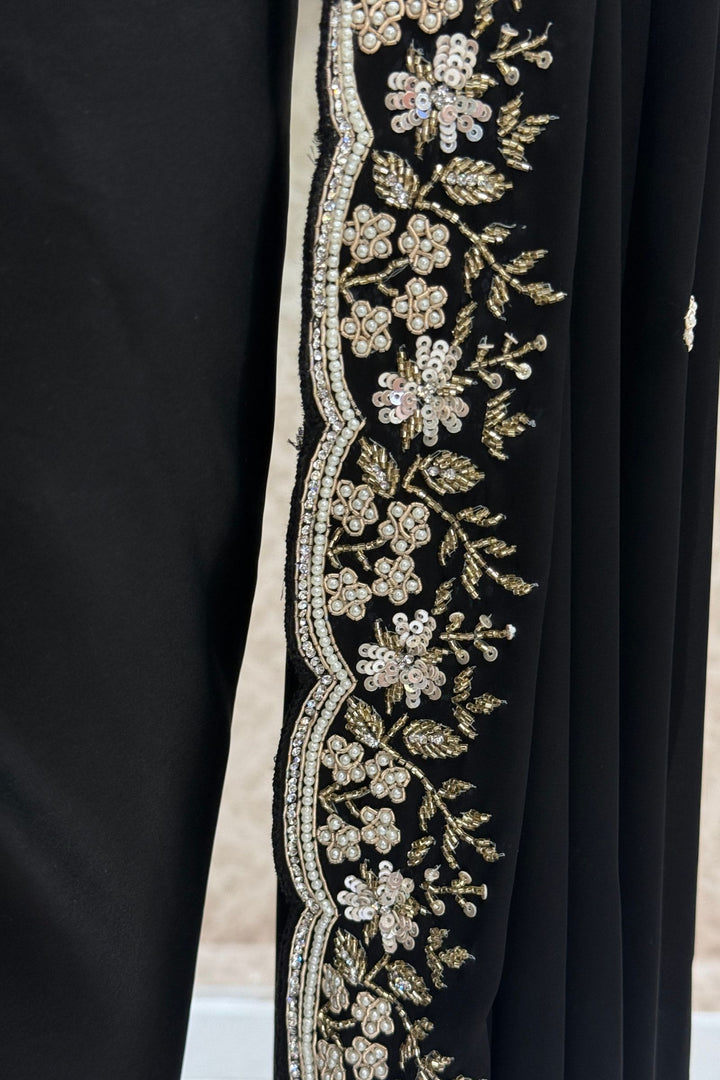 Black Satin Saree Featuring Exquisite Stone, Bead, Zardozi and Sequins