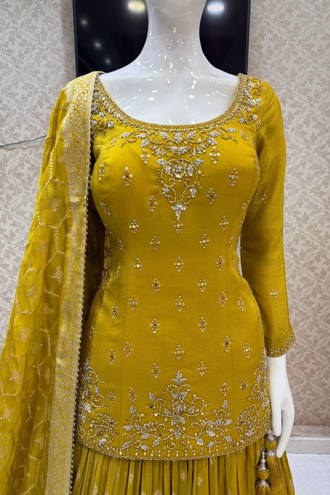 Yellow Mirror, Stone, Sequins, Zari, Beads and Banaras work Top with Lehenga