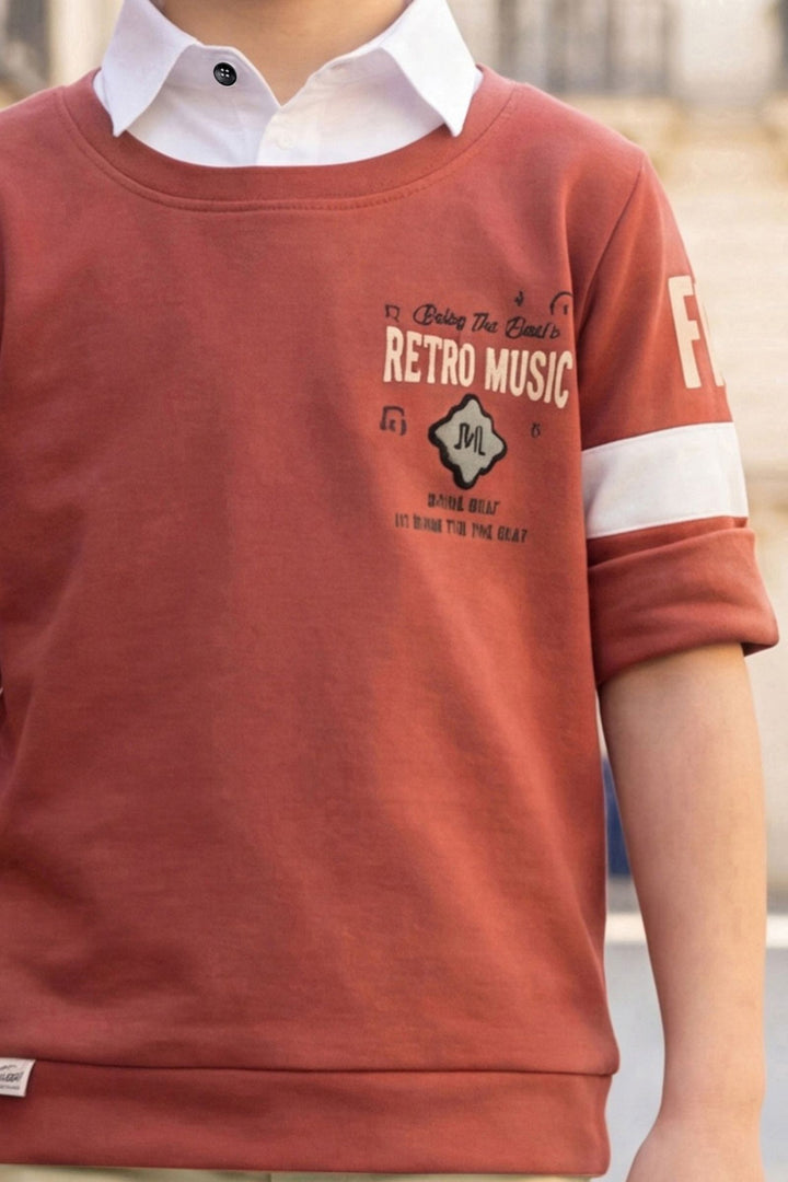 Rust T-Shirt and Beige Pant Set for Boys with Belt