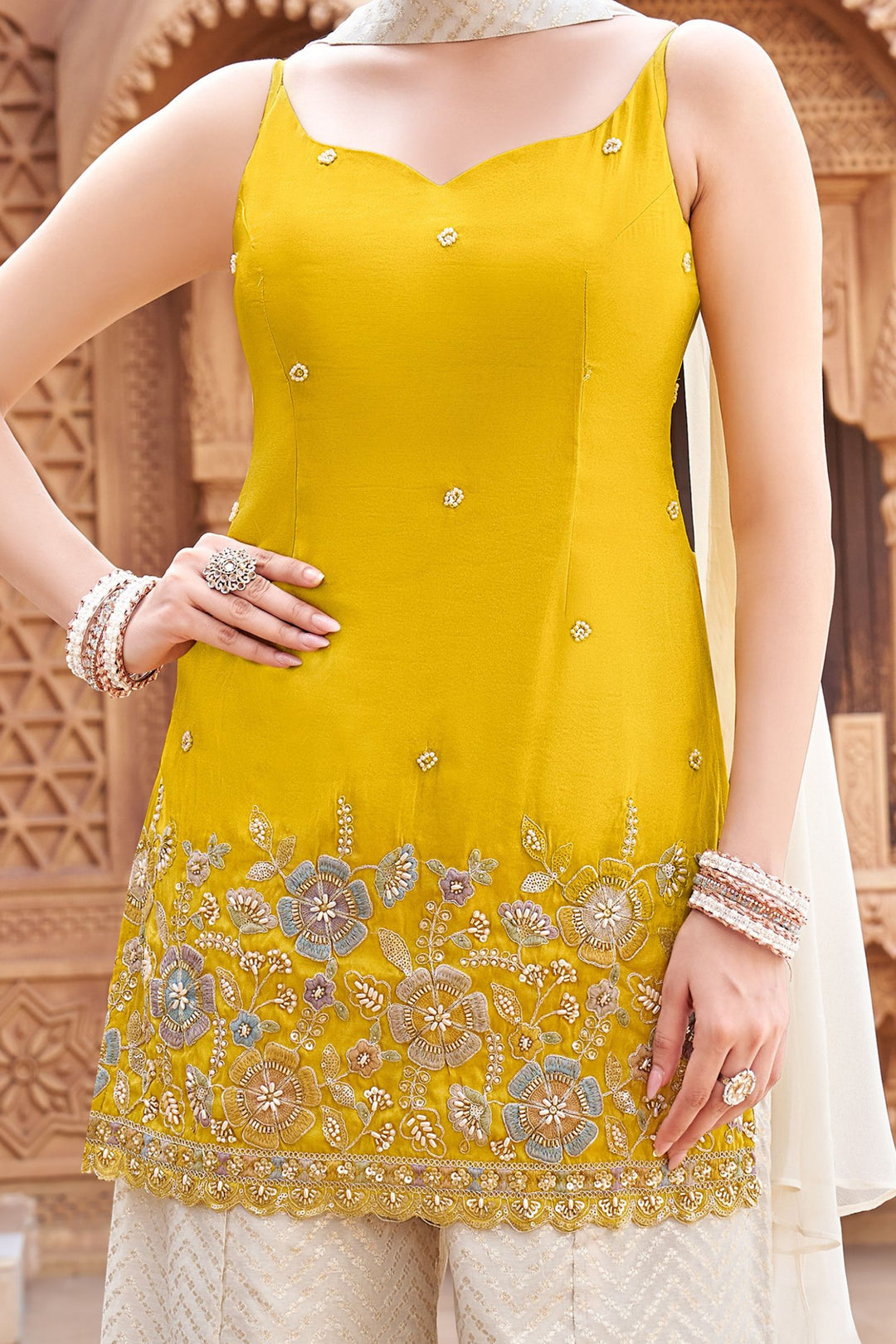 Yellow with Cream Jacquard, Pearl, Multicolor Thread and Zari work Palazzo Salwar Suit