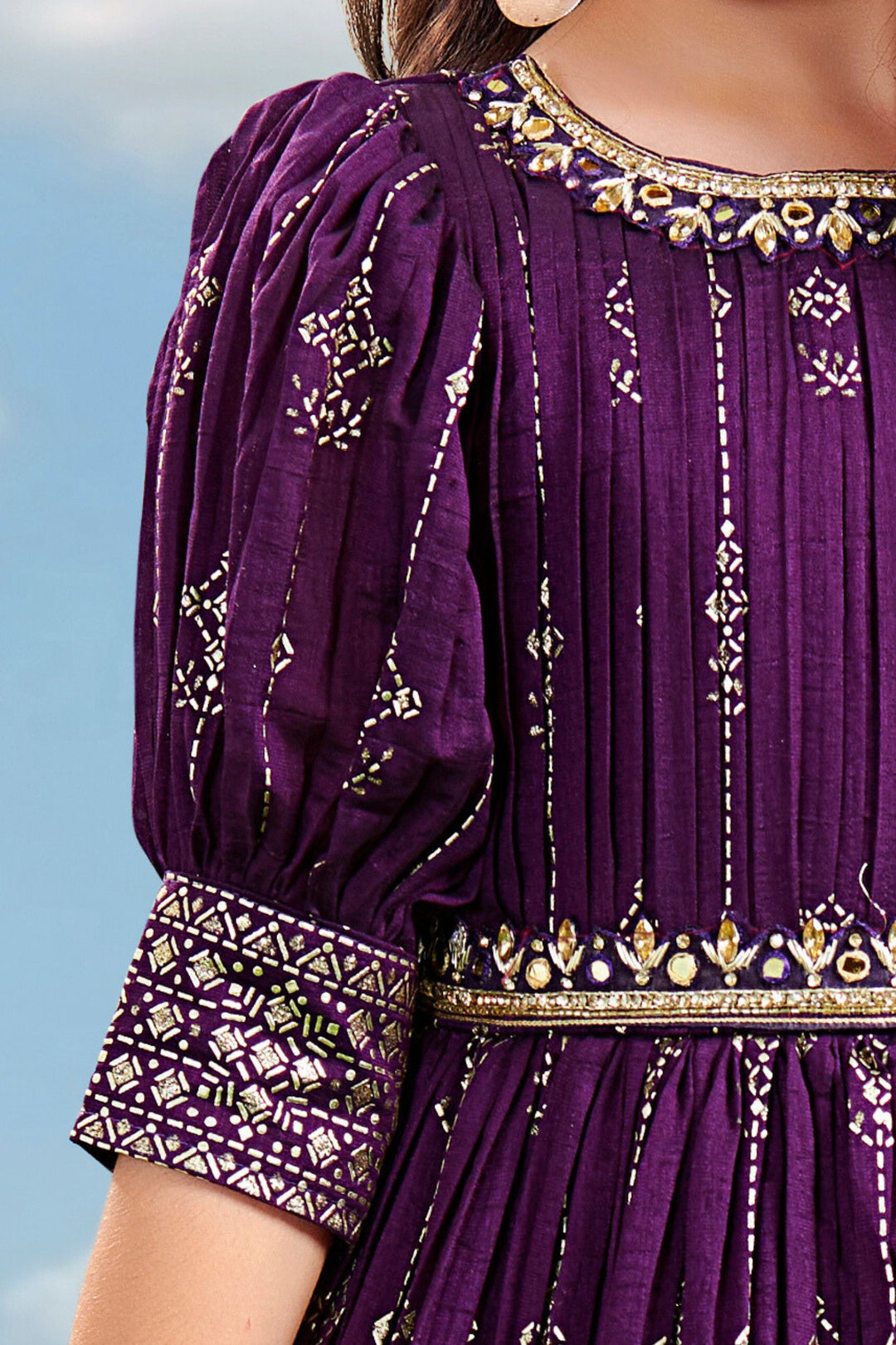 Purple Zardozi, Stone and Mirror work Long Party Gown for Girls