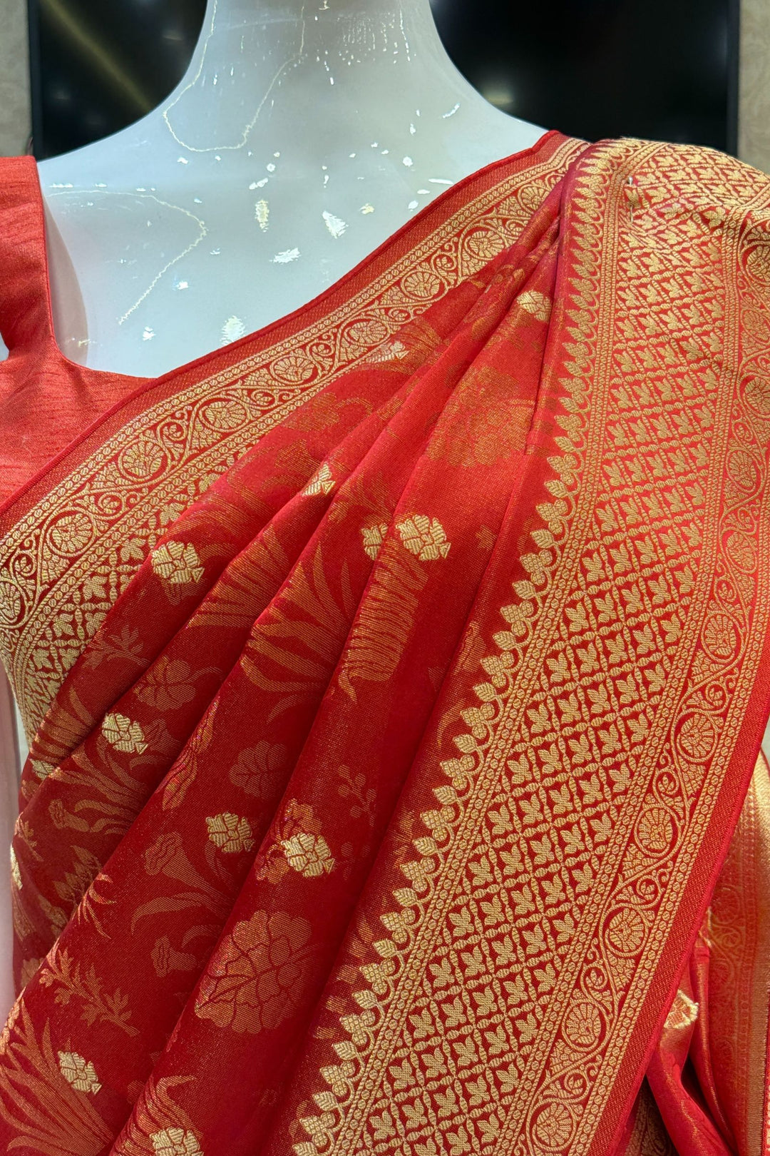 Orange Banaras Zari work Saree
