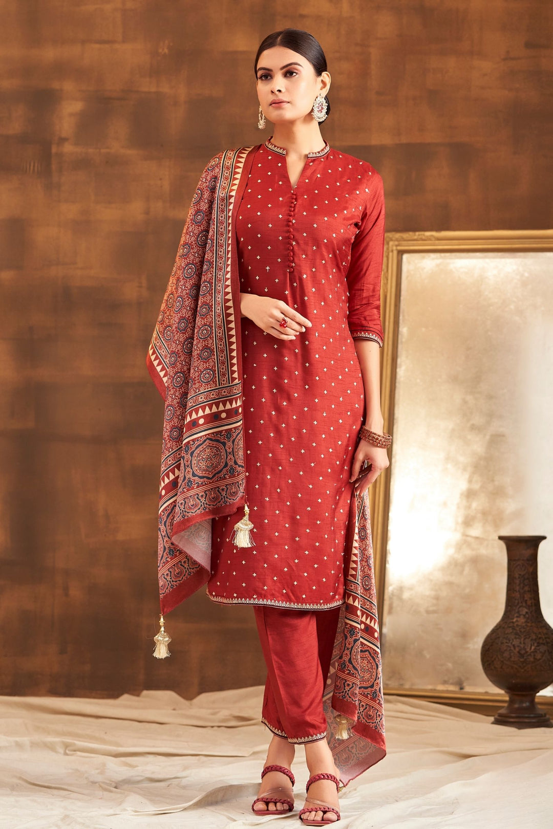 Maroon Sequins and Thread work Straight Cut Salwar Suit with Kalamkari Print Dupatta