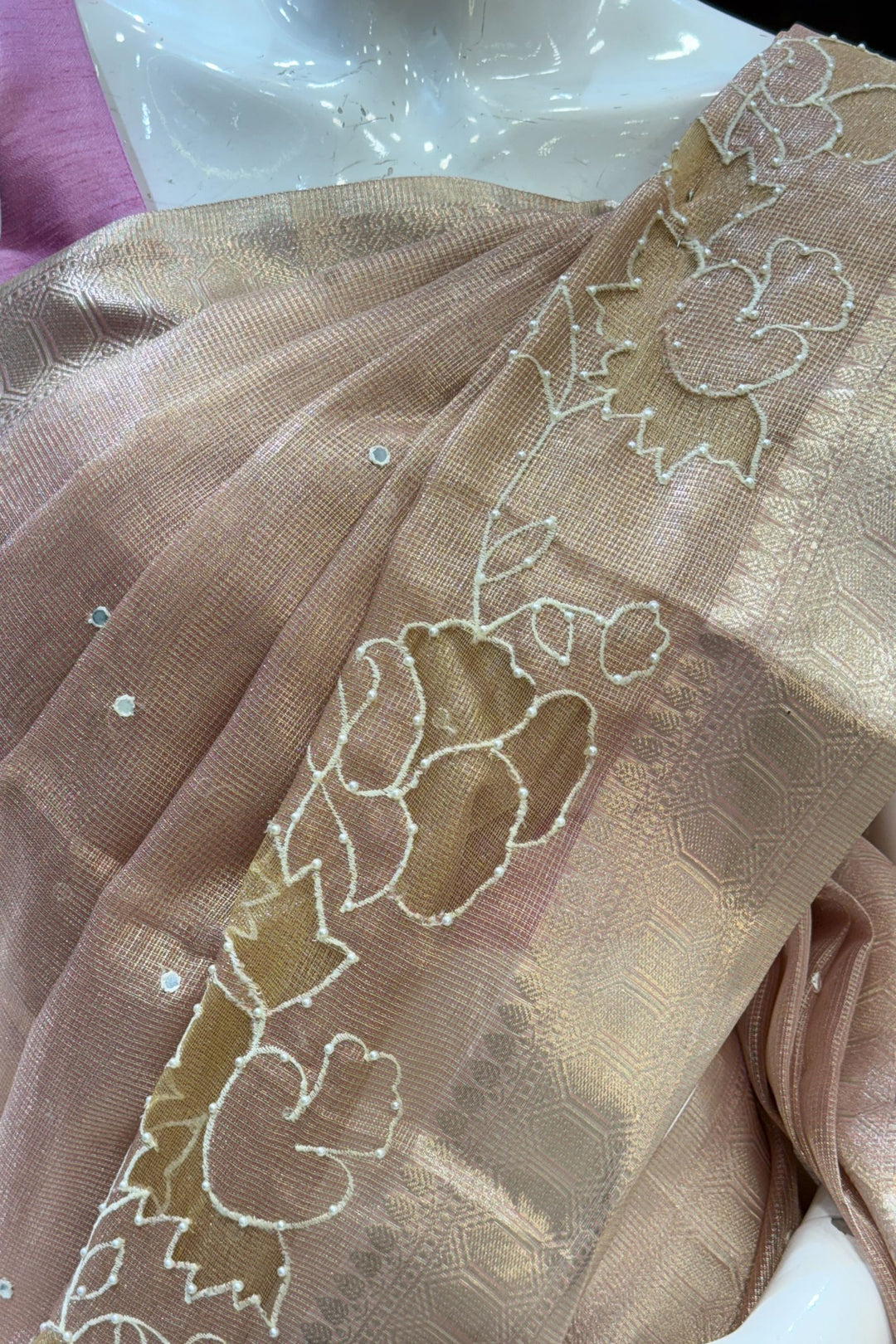 Peach Pearl and Thread work Saree
