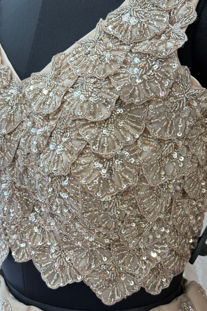 Beige Sequins and Beads work Crop Top Lehenga with Cape