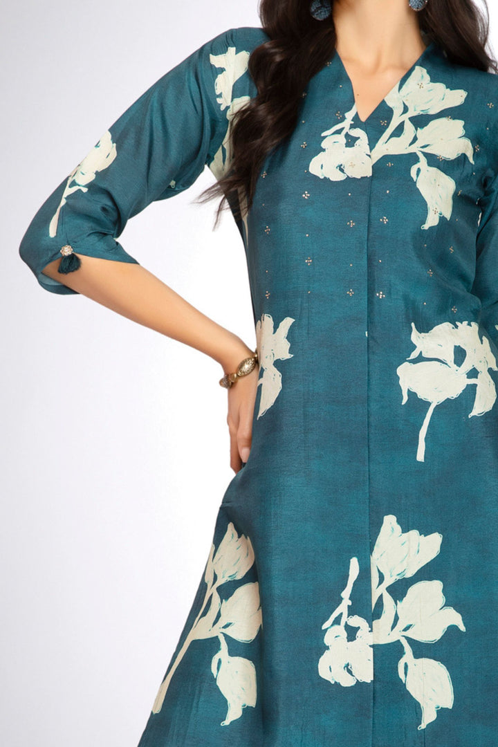 Rama Blue Stone work with Floral Print Calf Length Kurti