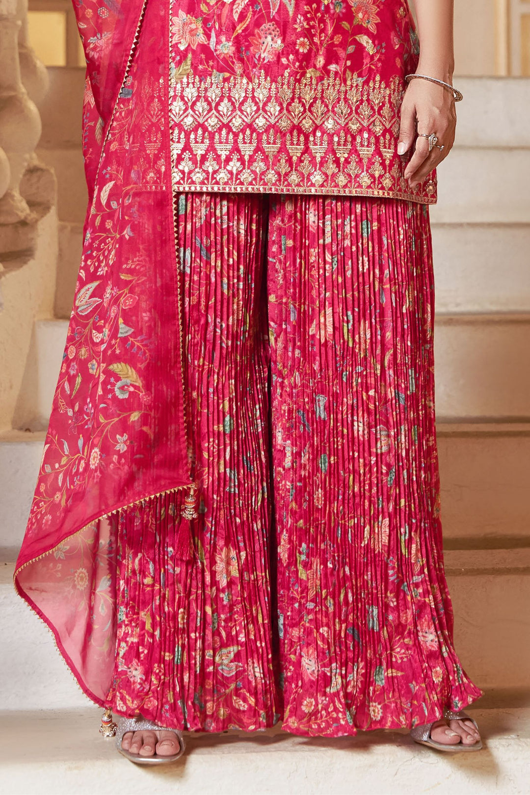 Pink Sequins, Zari, Beads, Mirror and Stone work Palazzo Suit Set