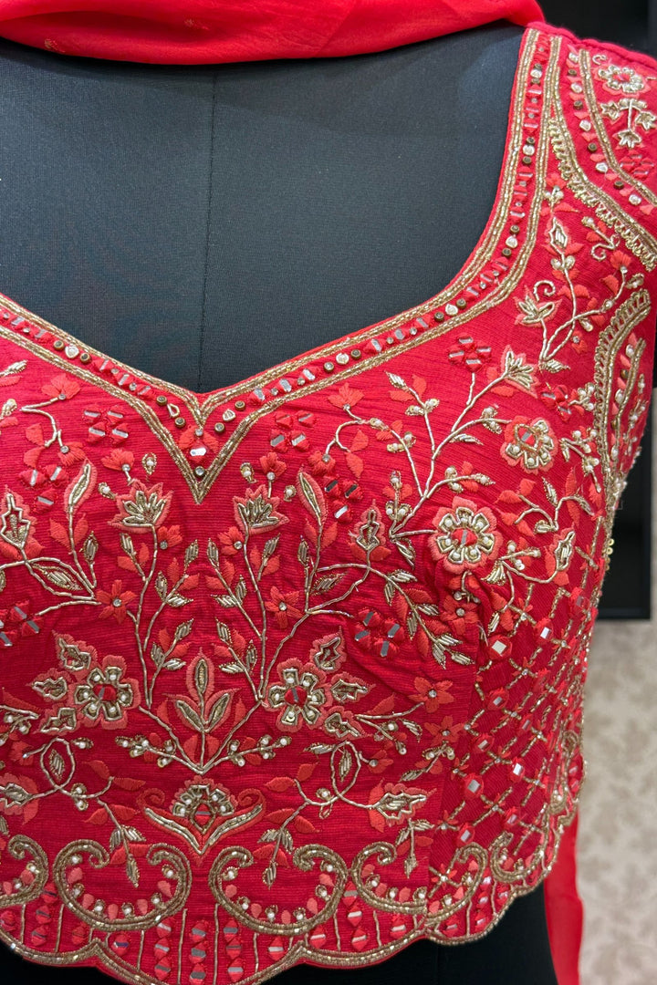 Red Mirror, Zardozi, Beads, Thread, Stone, Zari and Sequins work Crop Top Lehenga