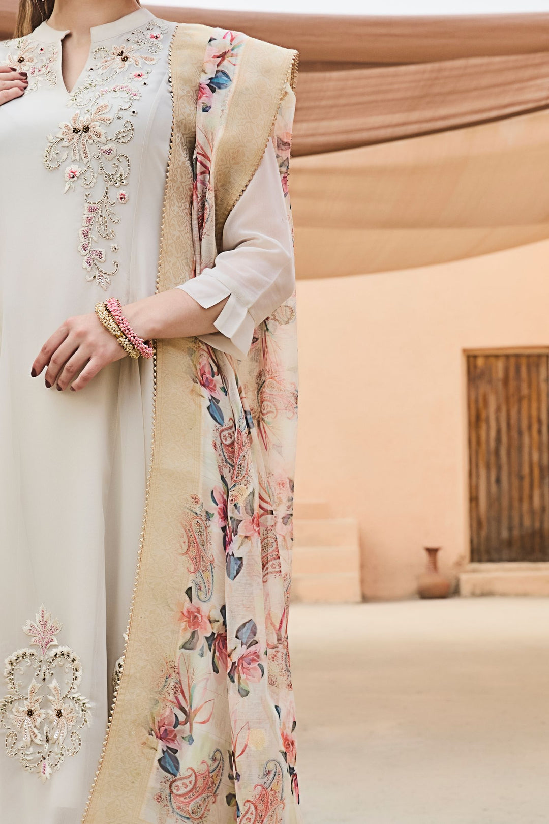 Cream Beads, Sequins and Embroidery work Anarkali Style Salwar Suit with Palazzo Pant