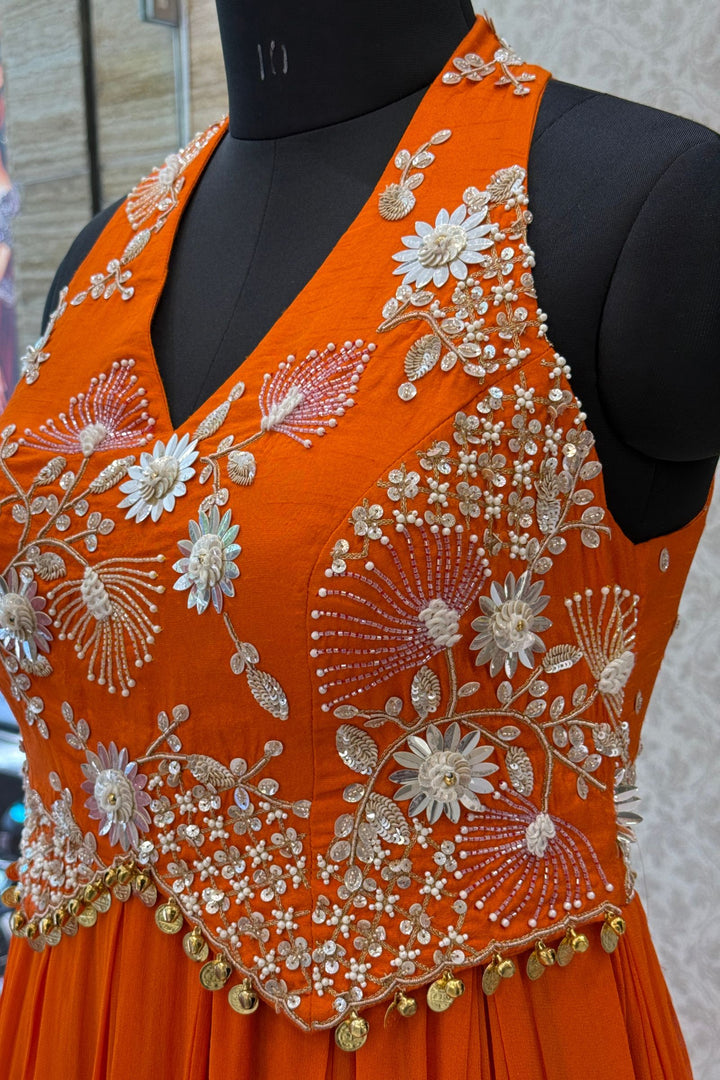 Orange Beads and Zari work Halter Neck Floor Length Anarkali Suit