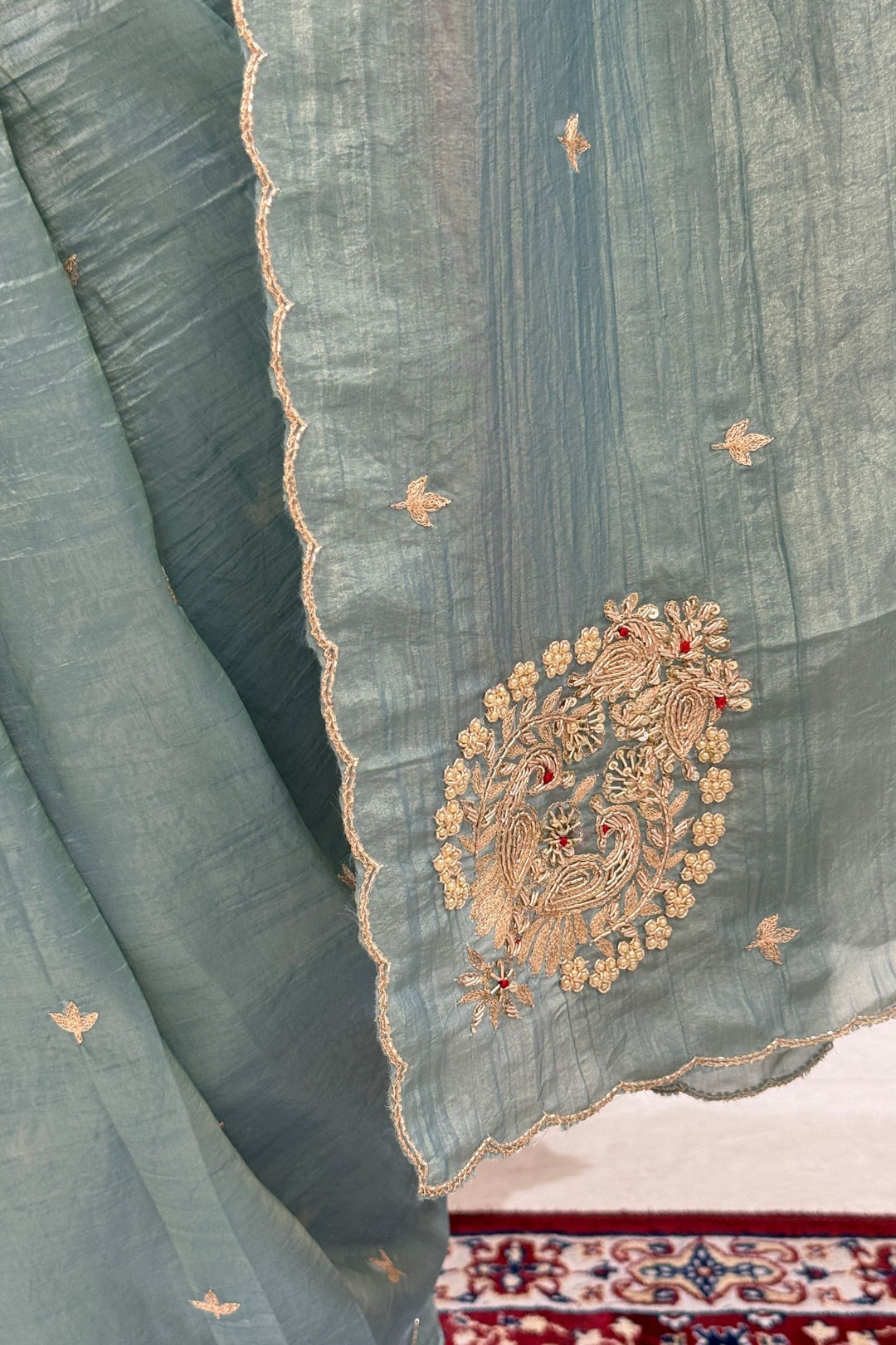 Sea Green Shimmer Tissue Saree with Scalloped Zari Border