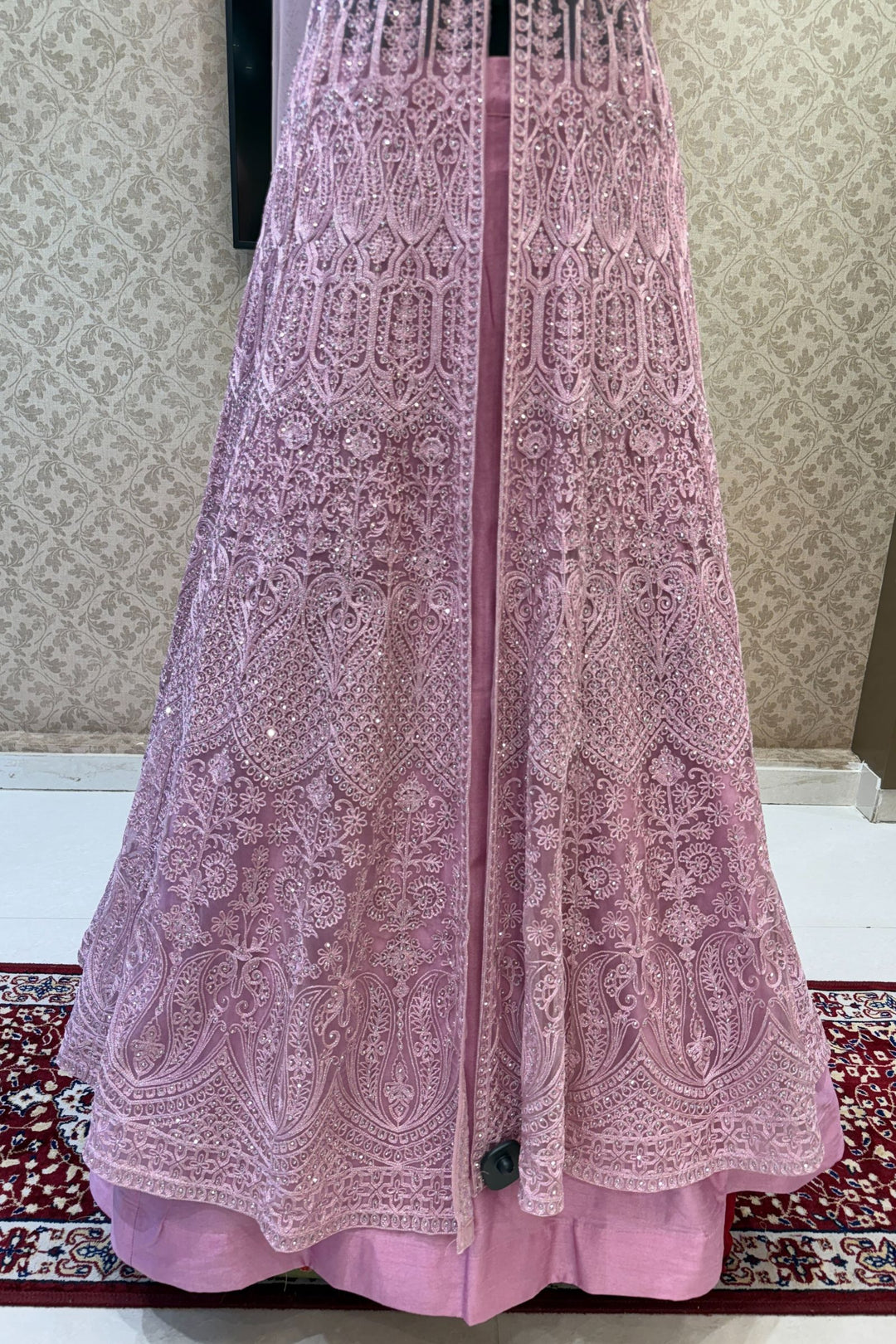 Baby Pink Zari Thread and Stone work Mastani Styled Long Top Lehenga