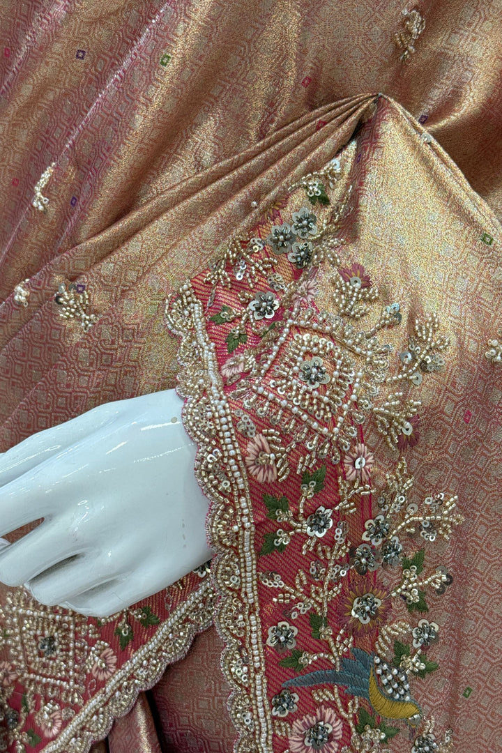 Copper Rose Gold Saree Featuring Banaras, Sequins and Beads work