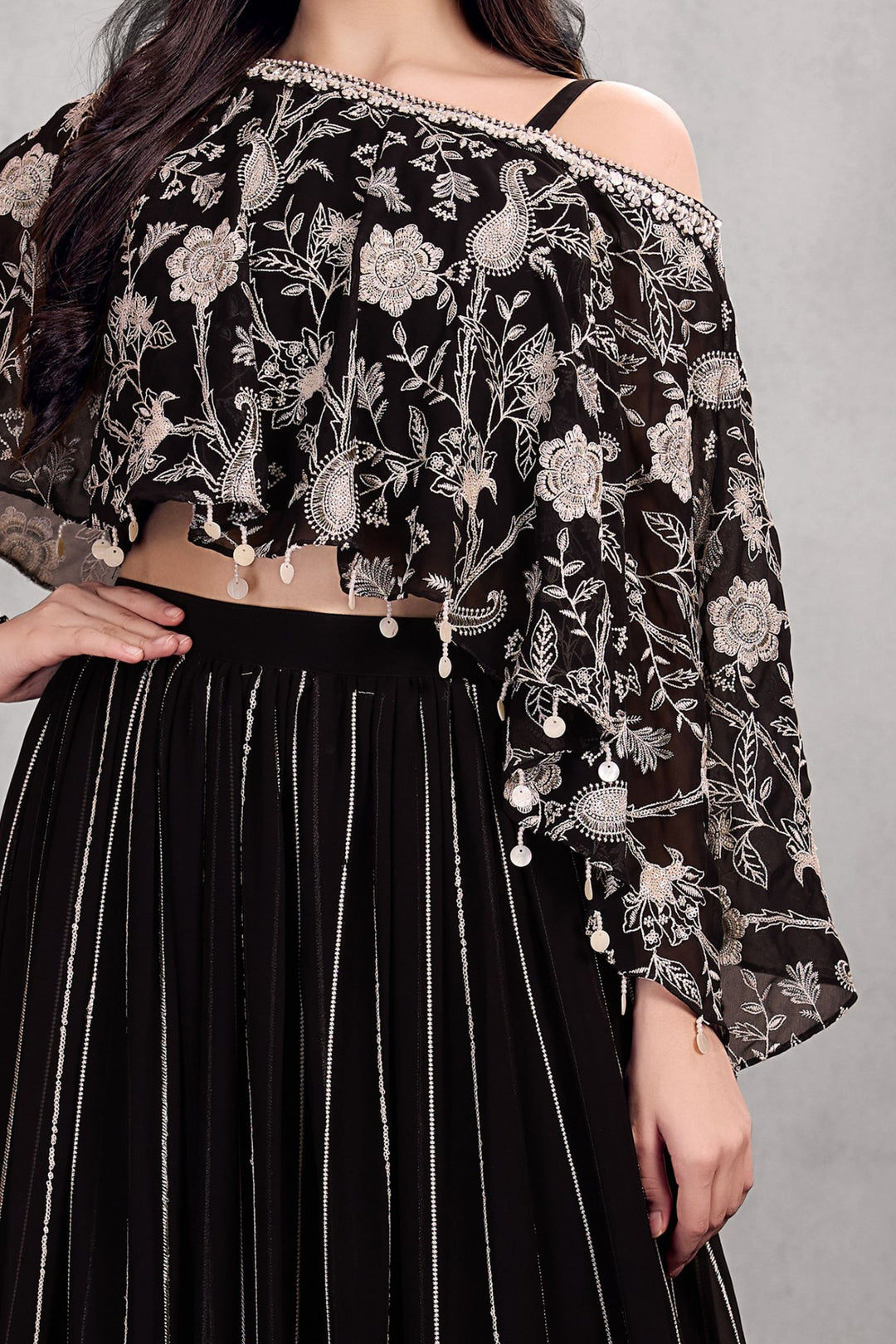 Black Sequins, Thread and Beads work Kaftan Styled Palazzo Set For Girls