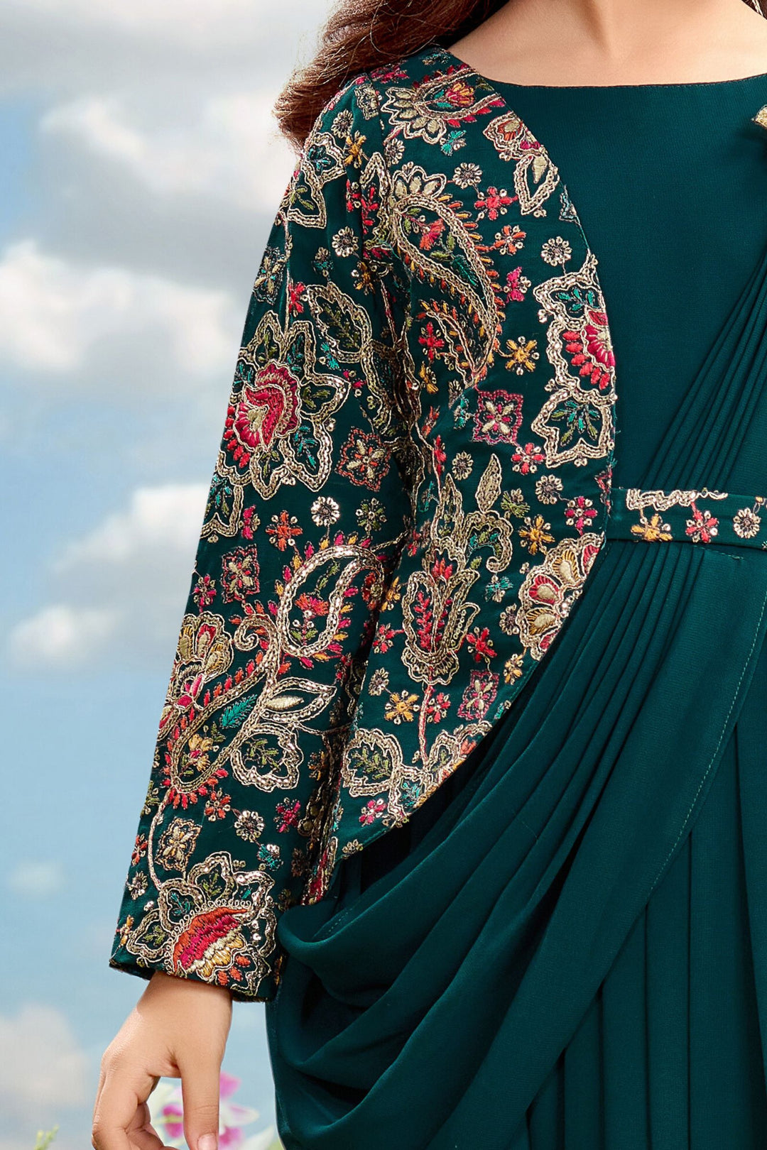 Peacock Green Zari, Sequins and Multicolor Thread work Long Party Gown Seasons Chennai Peacock Green Zari, Sequins and Multicolor Thread work Long Party Gown Seasons Chennai